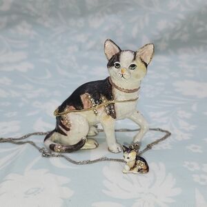 NOBILITY  Enamel CALLICO CAT  trinket box magnetic & NECKLACE  3833 rhinestones